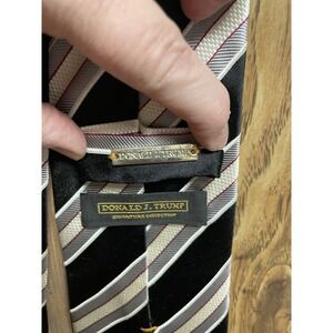 Donald J. Trump Tie Silk Black White Striped Gold Plaque Signature Collection